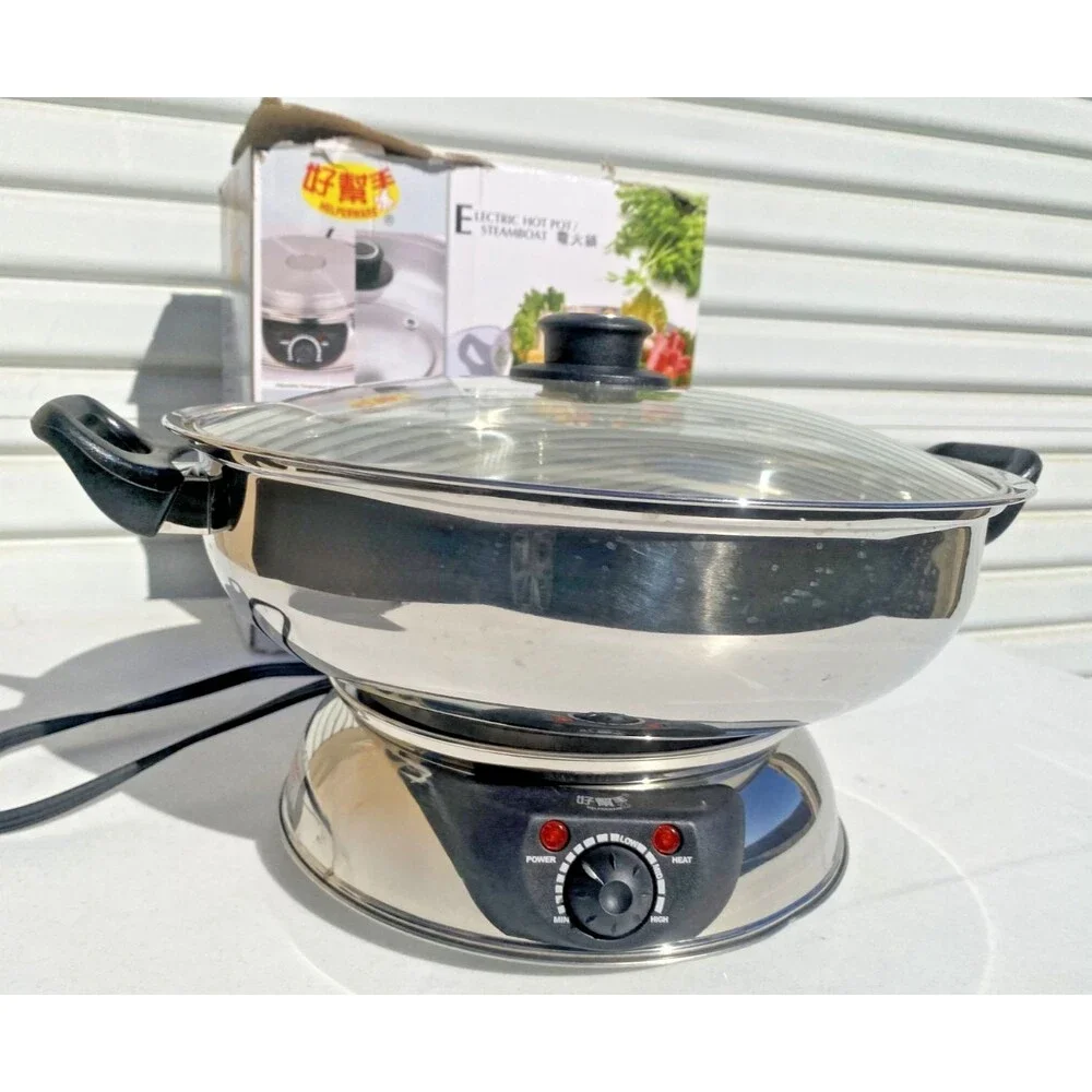 Electric Hot Pot Steamboat Stainless Steel w/Glass Lid 30 cm,  By Helperware